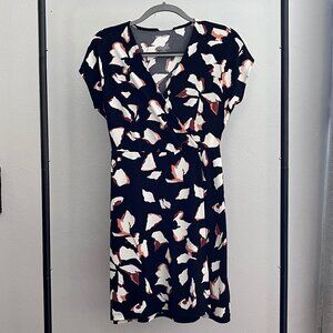 Nine West Black Abstract Wrap Midi Summer Floral V-Neck Dolman Sleeve Dress